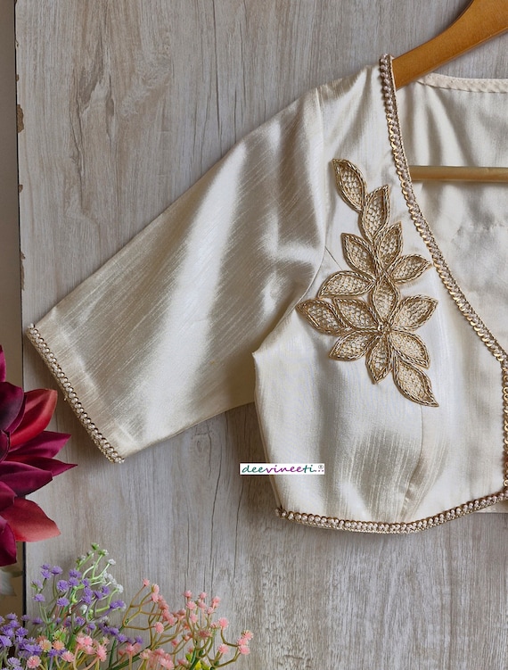 Cream Raw Silk Saree Blouse: Embroidered V-neck, Made-to-order