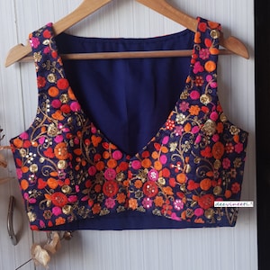 Made To Order Indian Dark Blue Embroidered Raw Silk Saree Lehenga Blouse Sleeveless Deep V Neck DVBL_125