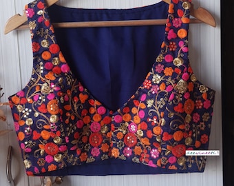 Made To Order Indian Dark Blue Embroidered Raw Silk Saree Lehenga Blouse Sleeveless Deep V Neck DVBL_125