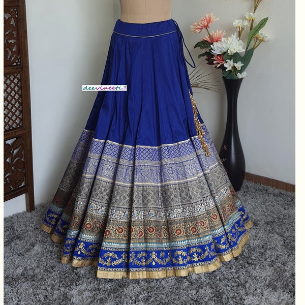 Lehenga Skirt Indian Royal Blue Blended Raw Silk with Banarasi Borders Wedding Bridesmaid Festive Maxi Made to Order Skirt