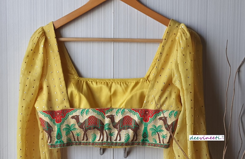 Made To Order Indian Pale Yellow Mul Cotton Puff Full Sleeves U Neck Saree Blouse Lehenga Blouse
