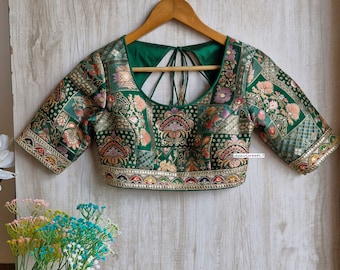 Made-to-Order Green Jacquard Silk Indian Blouse DVBL_317