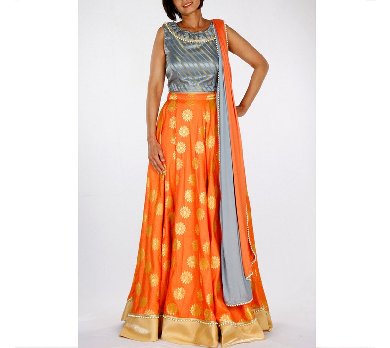 Indian Ethnic Embellished Brocade Orange Peach Lehenga for Wedding Bridesmaid Dress