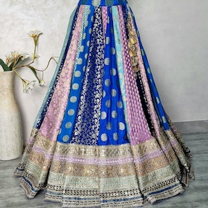 Lehenga Skirt Indian Multicolor Brocade Silk with Embroidered Borders Wedding Bridesmaid Festive Maxi Made to Order Skirt DVLS_054