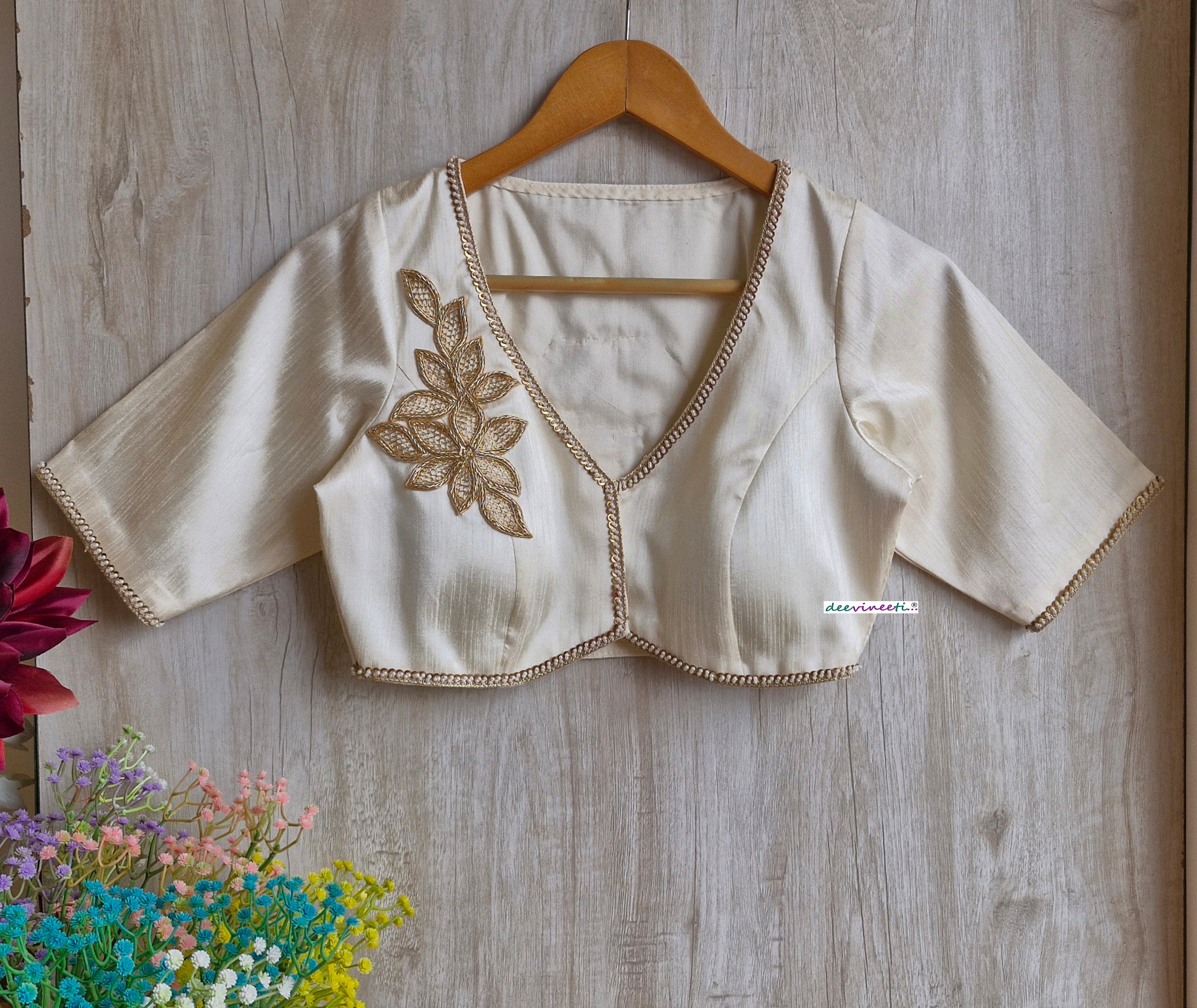 Cream Raw Silk Saree Blouse: Embroidered V-neck, Made-to-order