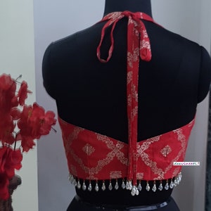 Saree Lehenga Indian Blouse Red Brocade Halter Neck Made To Order Blouse image 7