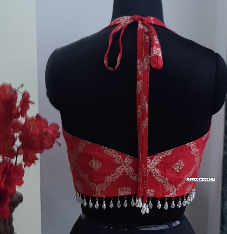 Saree Lehenga Indian Blouse Red Brocade Halter Neck Made To Order Blouse image 7