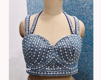 Made To Order Indian Hand Embroidered Blue Saree Lehenga Bustier Blouse Deep Sweetheart Neck Spaghetti Beads and Sequins Embroidery