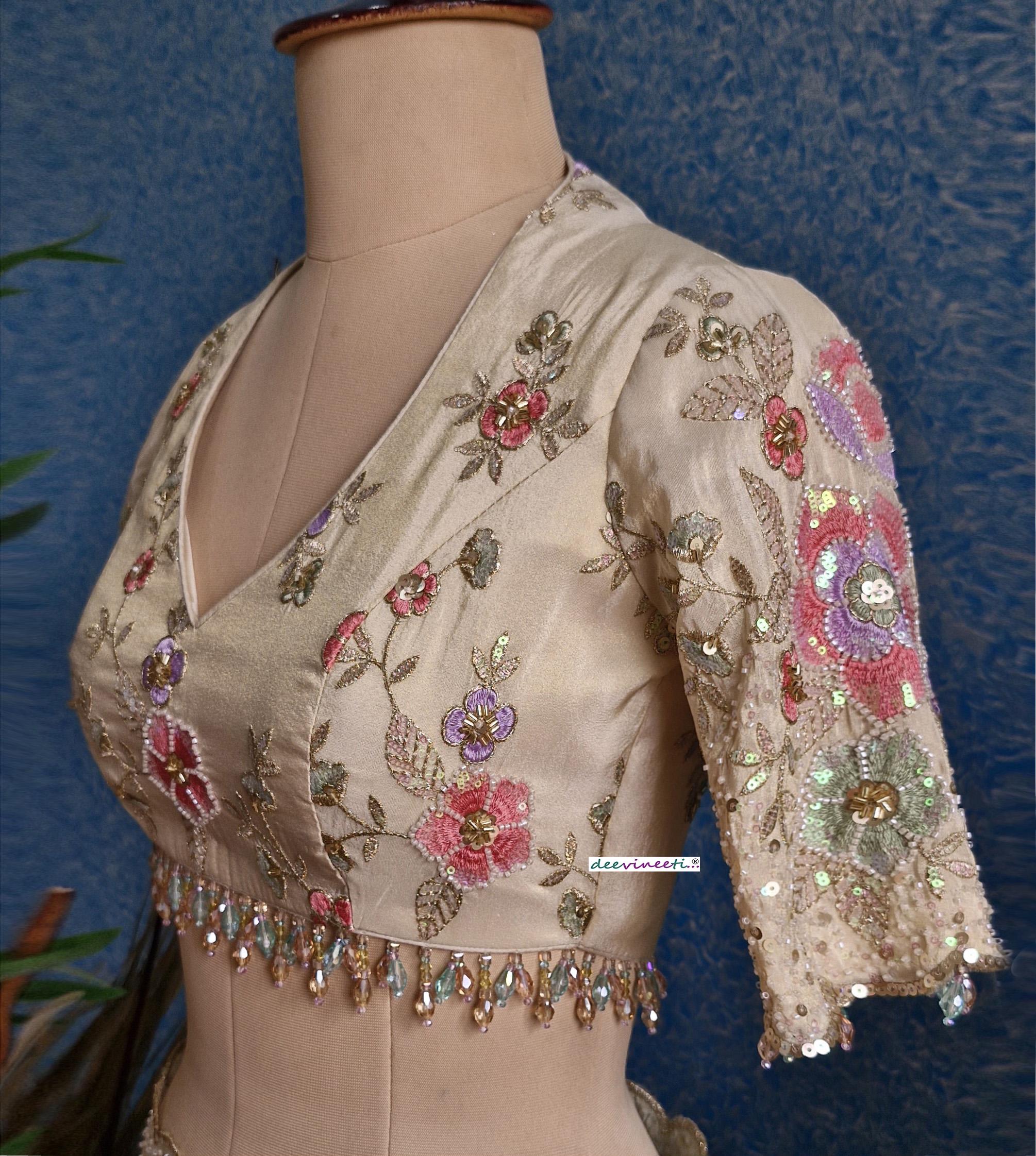 Embroidered Tissue Silk Saree Blouse - Light Gold, Deep V Neck