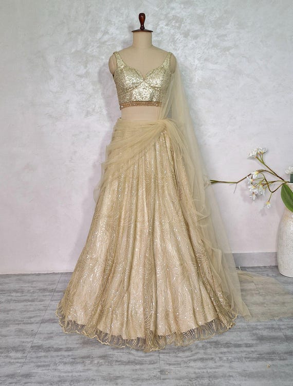 Champagne Gold Embroidered Net Lehenga Choli, Indian Bridal Dress DVMTD_0275