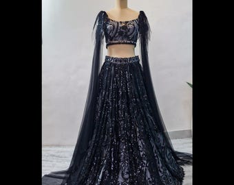 Lehenga Choli de red bordada negra: vestido de dama de honor de diseñador indio DVMTD_0273