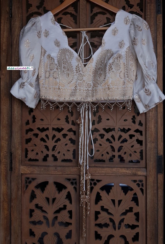 Made to Order Indian Embroidered Silk Saree Lehenga Puff Sleeves