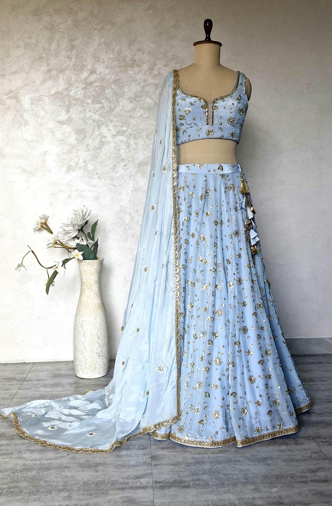 Embroidered Powder Blue Crepe Silk Lehenga Choli - Indian Wedding Dress