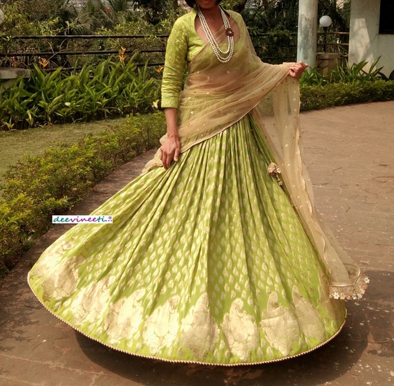Buy Made to Order Indian Designer Green Georgette Brocade Lehenga