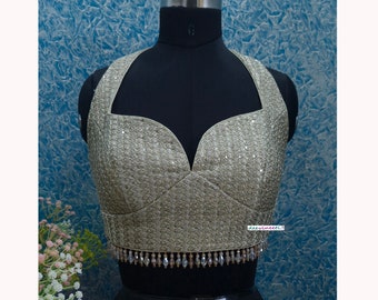 Made To Order Light Gold Sequin Georgette Halter Blouse DVBL_356