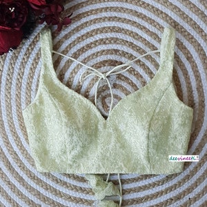 Made To Order Indian Designer Lemon Yellow Embroidered Net Saree Lehenga Blouse Deep Sweetheart Neck DVBL_164