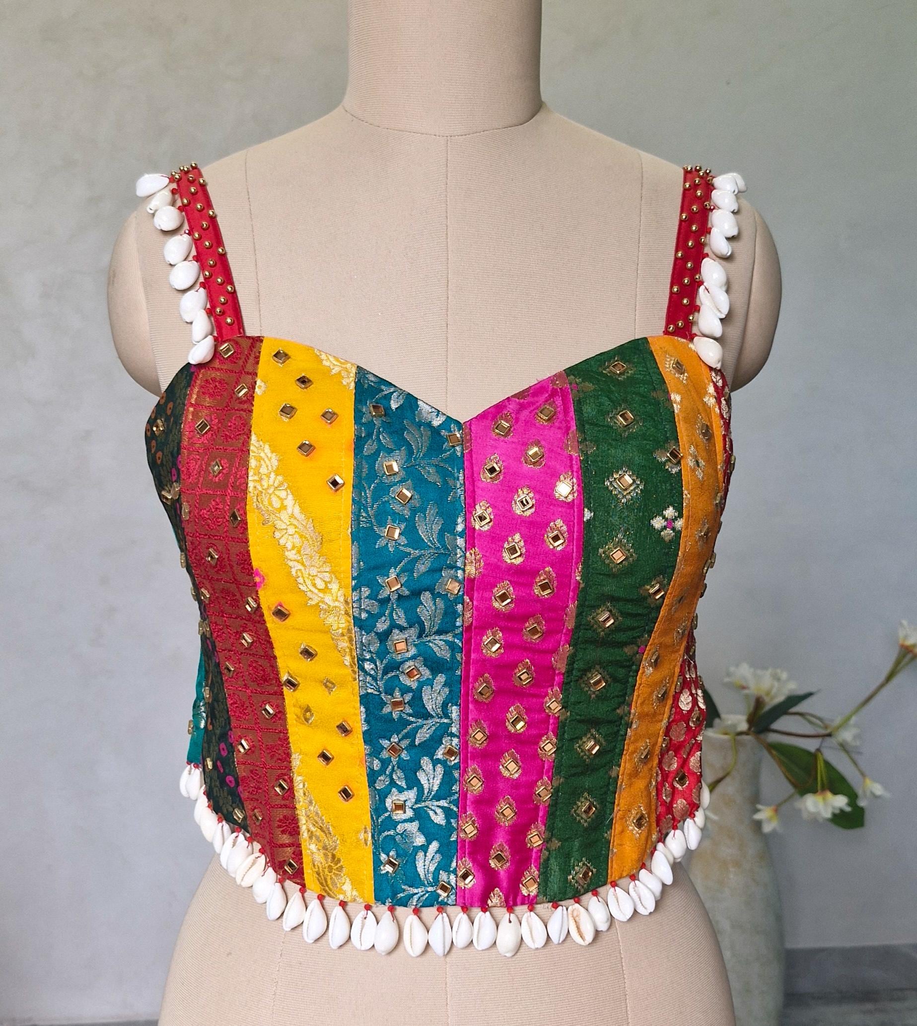 本日のみAmeri BUSTIER LIKE EMBROIDERY BLOUSE Made to Order Indian Multicolor Brocade Spaghetti Corset Blouse