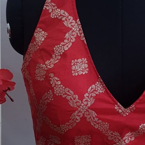 Saree Lehenga Indian Blouse Red Brocade Halter Neck Made To Order Blouse image 4