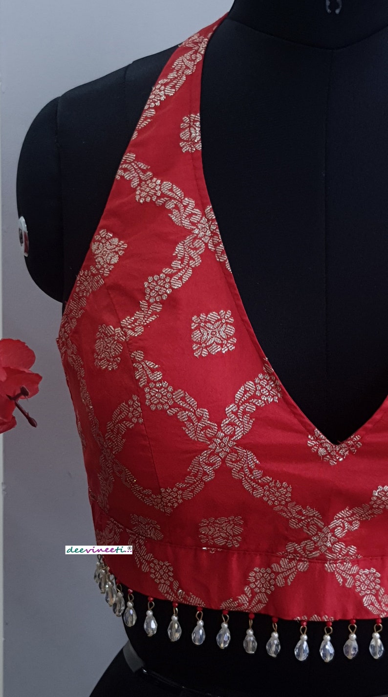 Saree Lehenga Indian Blouse Red Brocade Halter Neck Made To Order Blouse image 4