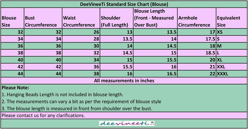 May include: A chart showing standard blouse sizes in inches. The chart includes measurements for bust, waist, shoulder, blouse length, armhole circumference, and equivalent size. The chart is on a pink and green background.
