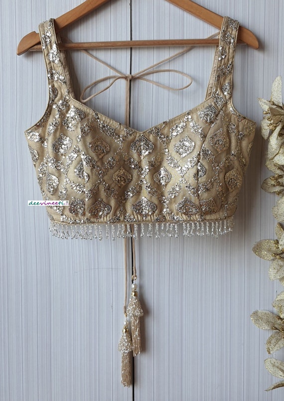 Made to Order Indian Gold Sequins Embroidered Net Saree Lehenga