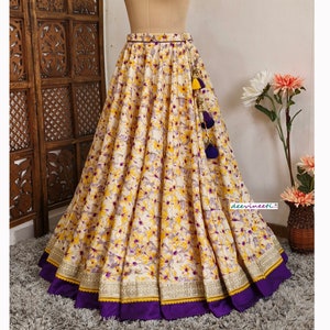 Made to Order Indian Yellow Floral Print Art Satin Silk Lehenga Skirt for Wedding Bridesmaid Skirt Maxi Skirt DVLS_033.