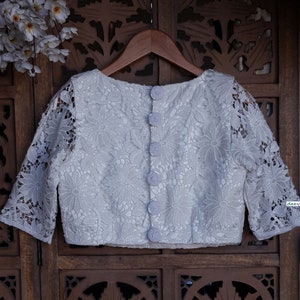 Made To Order Indian White Lace Saree Lehenga Elbow Length Sleeves Blouse Jewel Neck DVBL_228