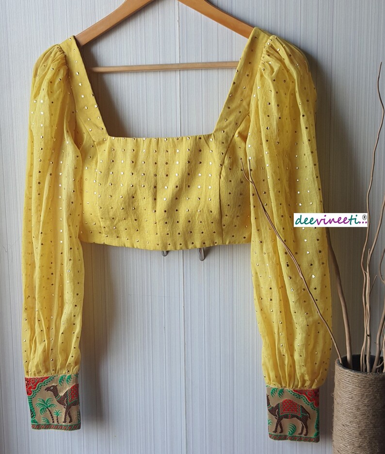 Made To Order Indian Pale Yellow Mul Cotton Puff Full Sleeves U Neck Saree Blouse Lehenga Blouse