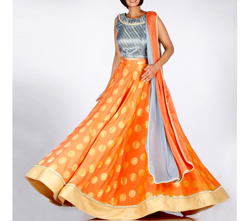 Indian Ethnic Embellished Brocade Orange Peach Lehenga for Wedding Bridesmaid Dress