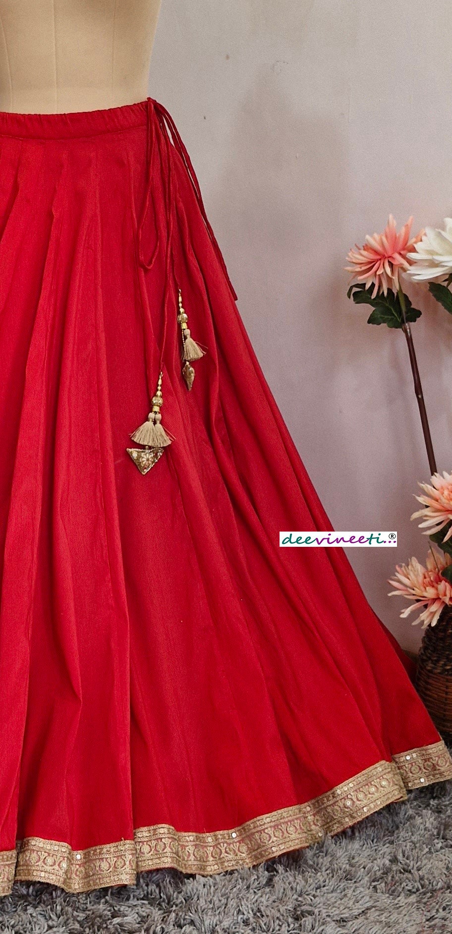 Indian Red Blended Raw Silk Lehenga Skirt With Gold Border