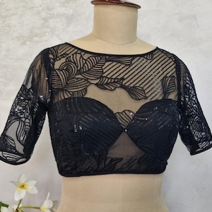 Saree Lehenga Blouse Made To Order Indian Designer Embroidered Net Black Blouse with Sleeves DVBL_418