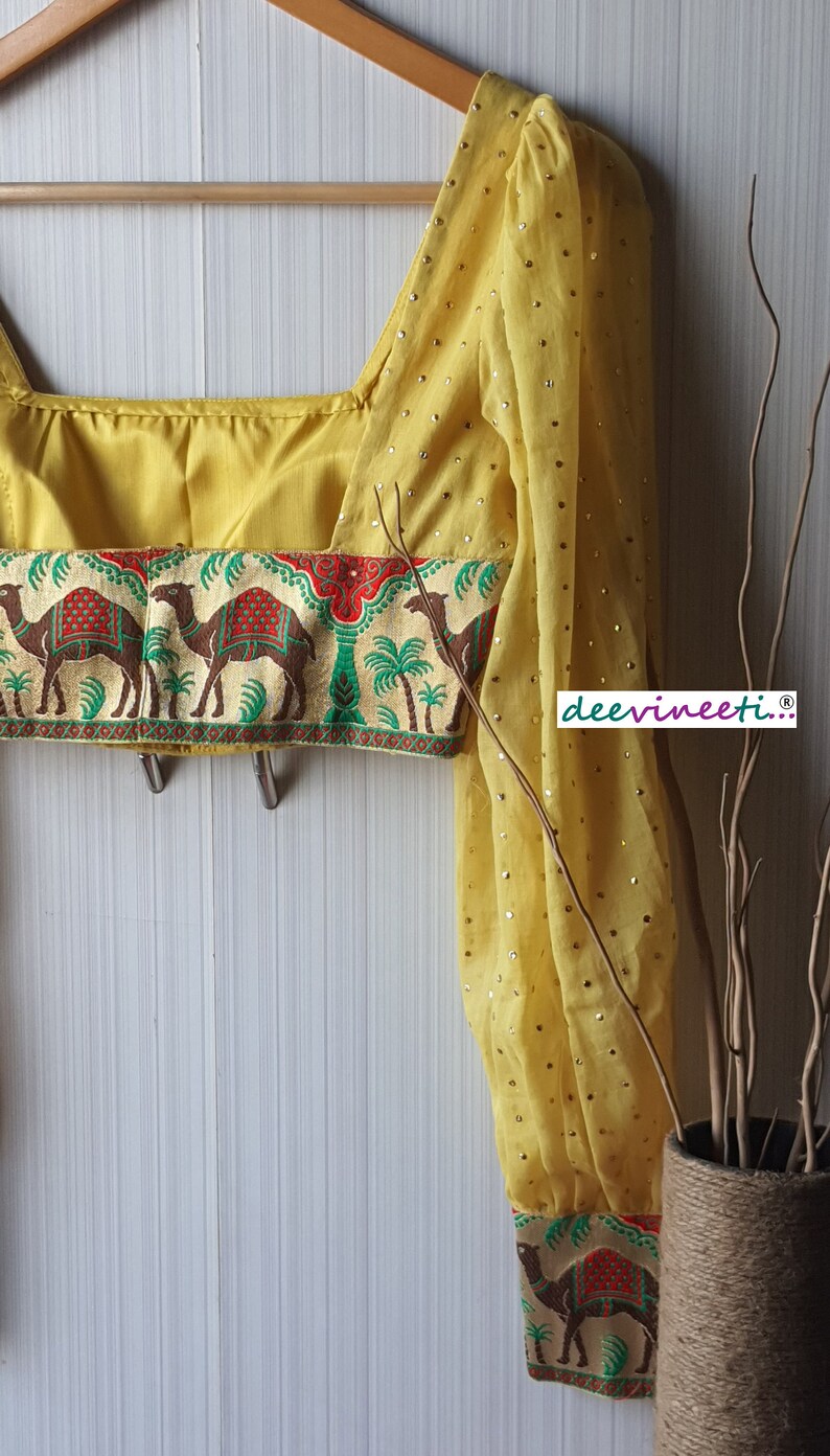 Made To Order Indian Pale Yellow Mul Cotton Puff Full Sleeves U Neck Saree Blouse Lehenga Blouse
