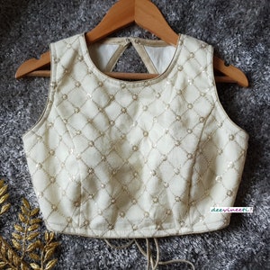 Made To Order Indian Designer Cream Jute Silk Saree Lehenga Jewel Neck Backless Blouse DVBL_211