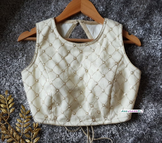 Silver jaal patterned front-back round neck elbow-sleeve readymade blouse main image 0