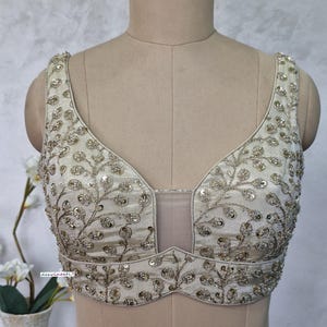 Saree Lehenga Blouse Made To Order Indian Designer Cream Embroidered Tissue Silk Semi Sweetheart Neck Sleeveless Blouse DVBL_404