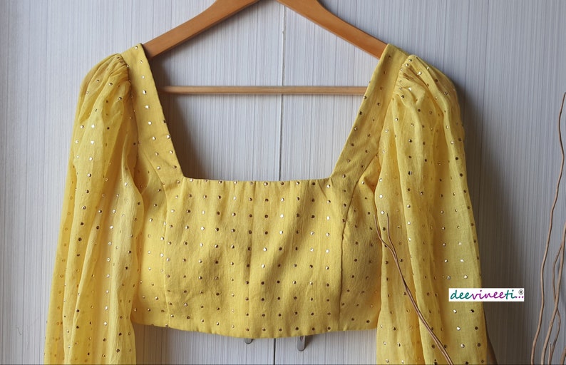 Made To Order Indian Pale Yellow Mul Cotton Puff Full Sleeves U Neck Saree Blouse Lehenga Blouse