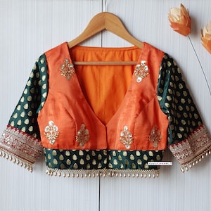 Made To Order Indian Designer Orange and Green Silk Embroidered Saree Lehenga  Blouse Deep V  Neck Elbow Sleeves DVBL_218