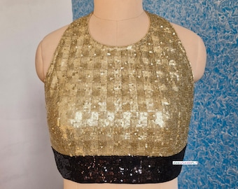 Made To Order Sequined Halter Blouse, Gold and Black Indian Lehenga Saree DVBL_337