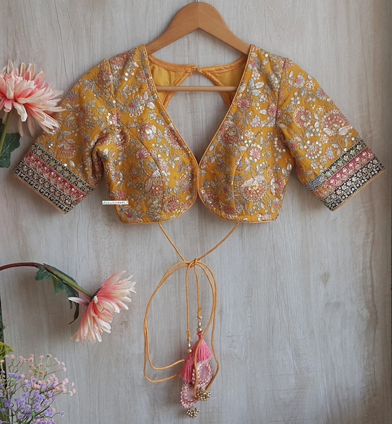 Saree Lehenga Blouse Made to Order Indian Designer Yellow Embroidered  Georgette Deep V Neck Elbow Sleeves DVBL_301 - Etsy