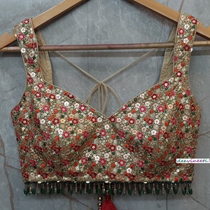 Made To Order Indian Designer Multicolor Sequin Embroidered Net Saree Lehenga Blouse Deep Broad Neck Sleeveless DVBL_195