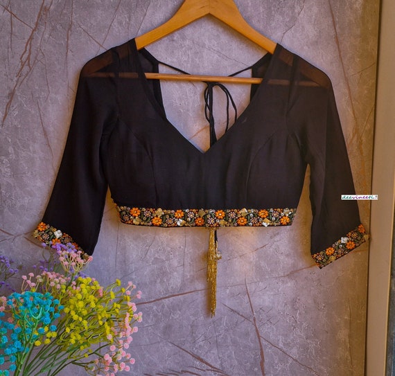 Made to Order Black Georgette Blouse, Deep V Neck, Embroidered Border DVBL_330