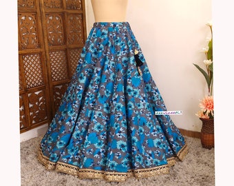 Made to Order Indian Blue and Grey Floral Print Art Satin Silk Lehenga Skirt for Wedding Bridesmaid Skirt Maxi Skirt