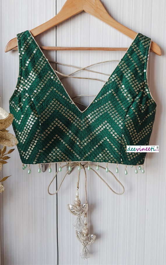 Green Sequin Embroidered Silk Saree Blouse: Deep V-neck, Open Back