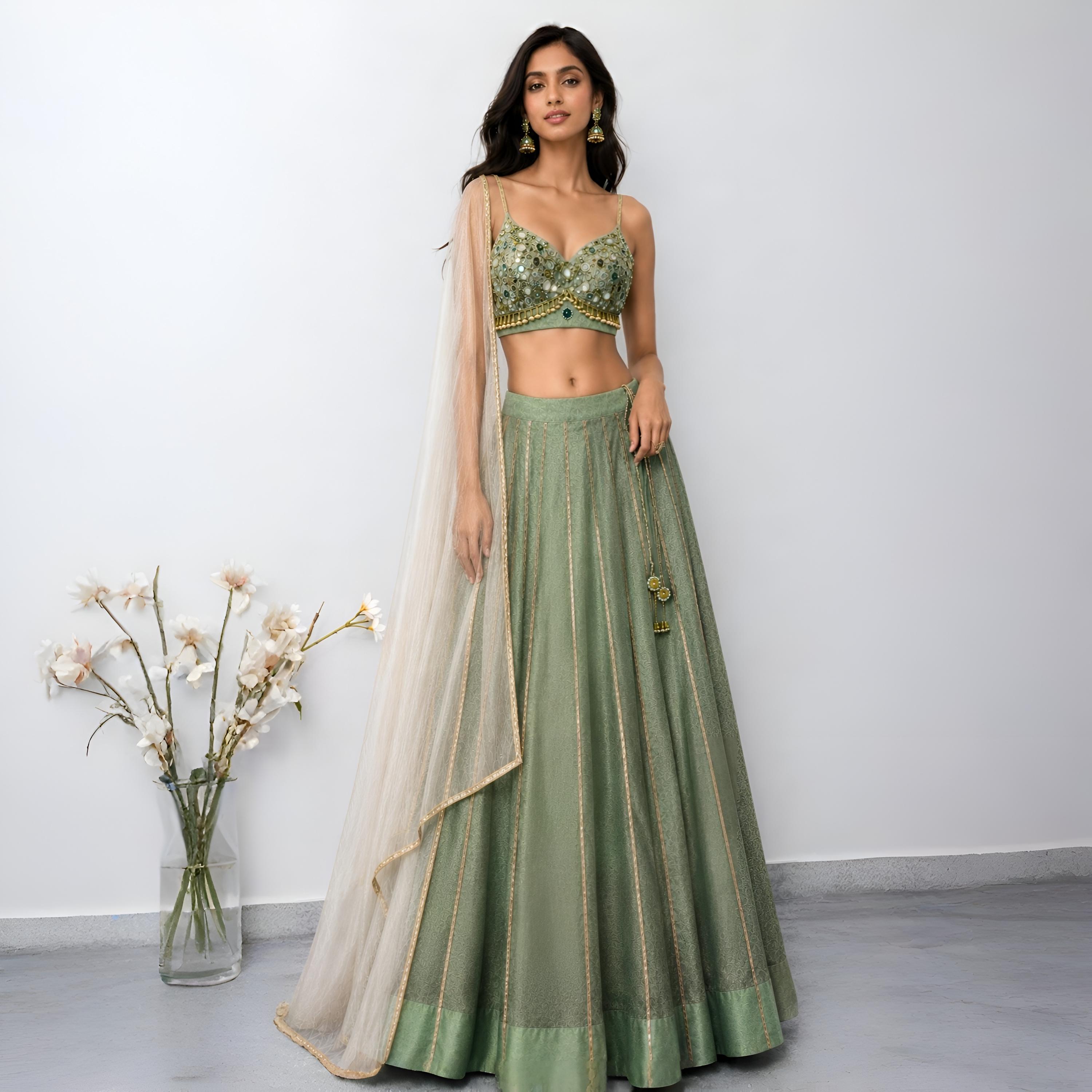 Hand Embroidered Green Tissue Silk Lehenga Set- Indian Wedding Dress Mehendi Lehenga DVMTD_0299