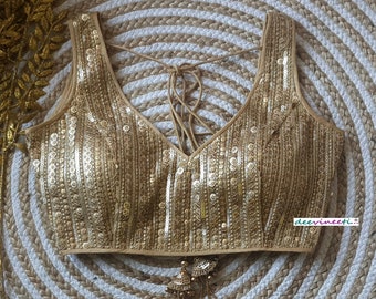 Gold Sequin Embroidered Saree Blouse, Deep V Neck, Indian Lehenga DVBL_126