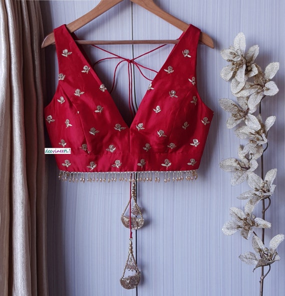 Made to Order Indian Designer Red Embroidered Upada Silk Saree Lehenga Blouse Deep V Neck Sleeveless DVBL 170 Etsy UK