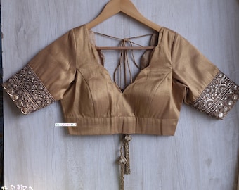 Blusa de sari de seda Banarasi color cobre, cuello festoneado, top de lehenga con mangas hasta el codo DVBL_312