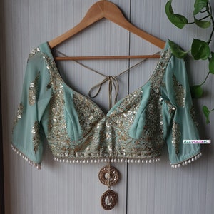 Made To Order Indian Blouse Sea Green Embroidered Georgette Sweetheart Neck with Sleeves Designer Made To Order DVBL_258