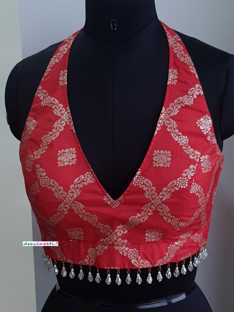 Saree Lehenga Indian Blouse Red Brocade Halter Neck Made To Order Blouse image 2