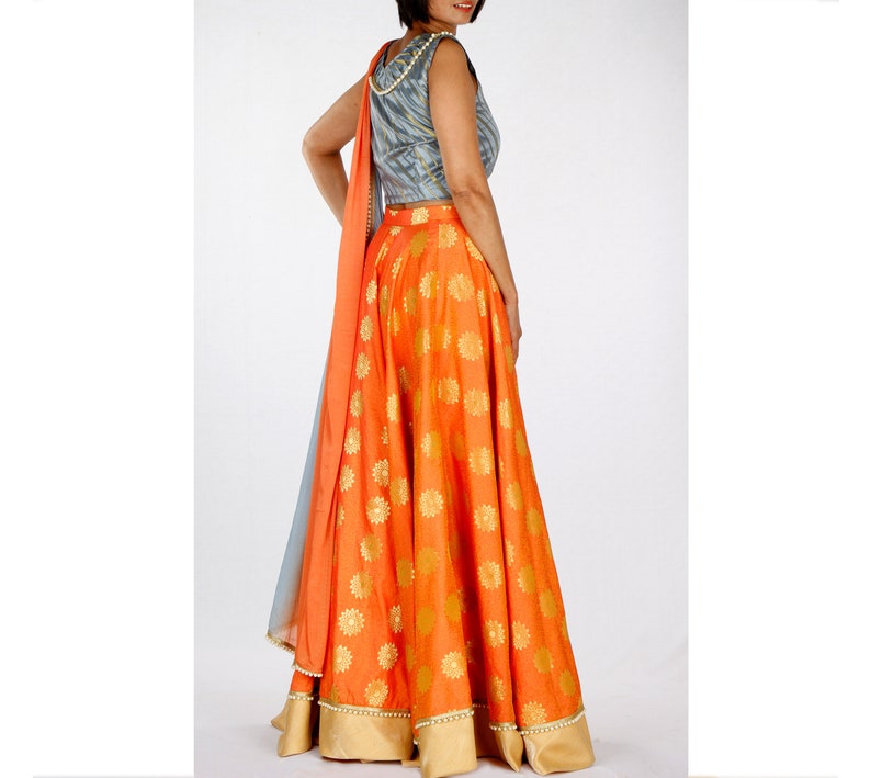 Indian Ethnic Embellished Brocade Orange Peach Lehenga for Wedding Bridesmaid Dress